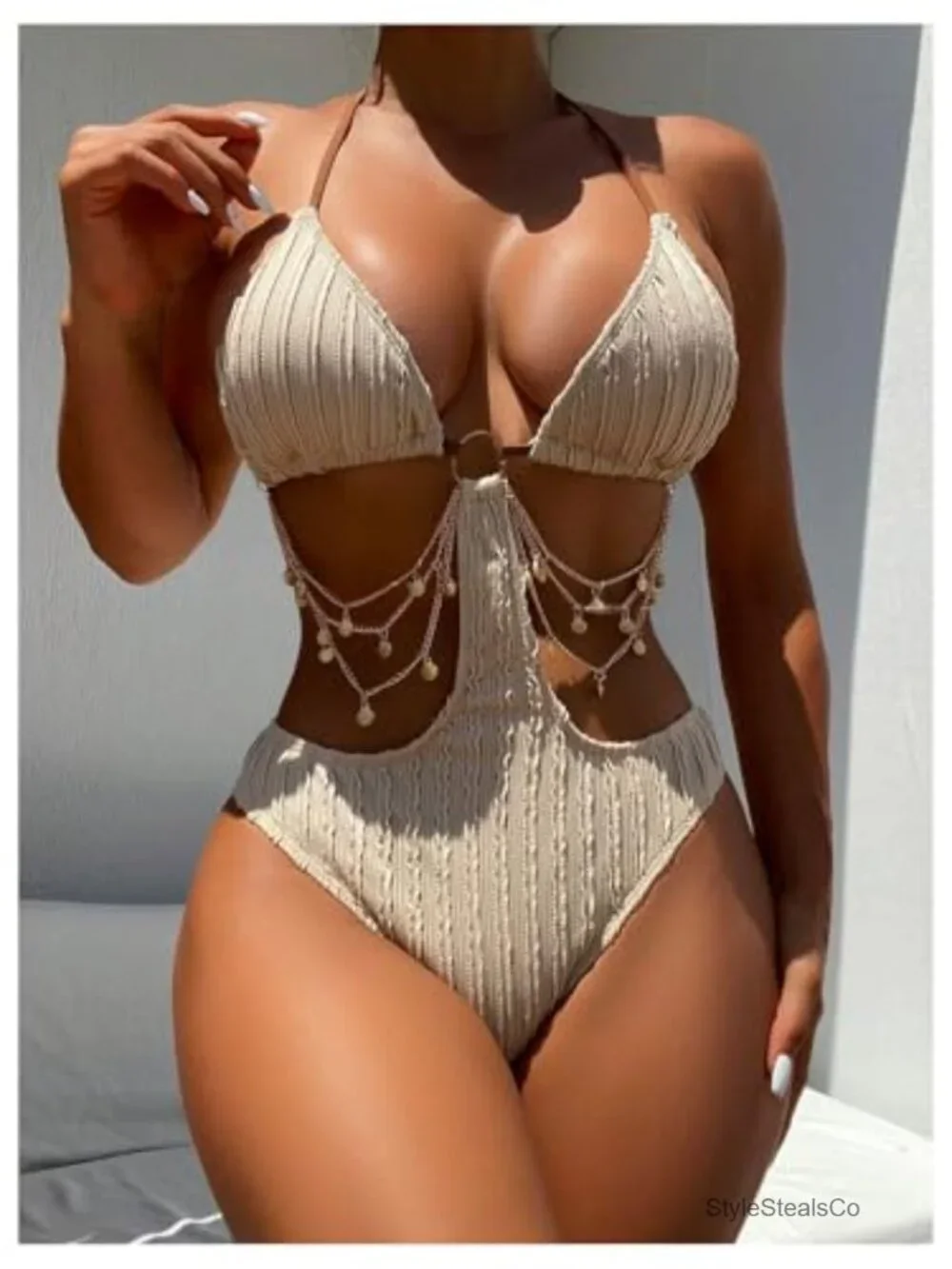 Chain Linked Cut Out Halter One Piece Swimsuit High Stretch